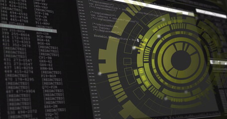 Displaying yellow-green circular HUD graphic rotating on desktop, with code window, copy space