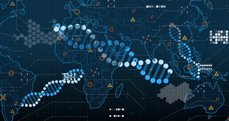 Displaying world map overlaying DNA chains on digital interface, featuring hex clusters and nodes