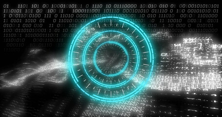 Displaying glowing cyan HUD rotating in digital data space, with binary streams and noise