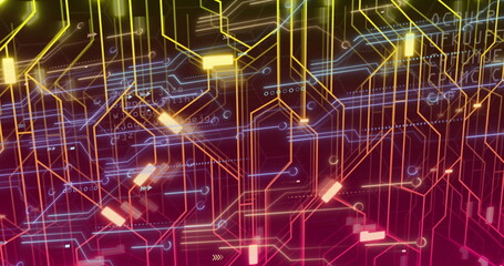 Displaying abstract network on digital grid, with circuit lines, nodes, panels and code fragments