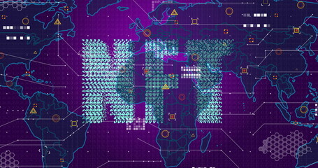 Displaying graphic on purple grid interface with connection lines, neon world map and NFT clusters