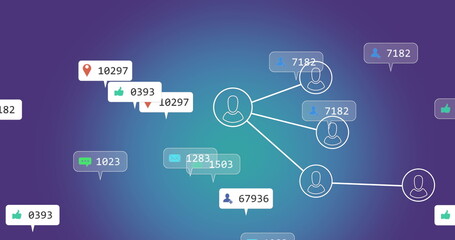 Showing outlined avatar icons connecting by white lines on digital interface, with metric icons