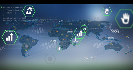 Displaying world map on dashboard with JavaScript code, green metrics grid and readout 25