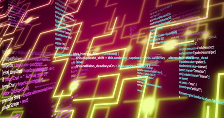 Displaying glowing neon circuit lines in digital schematic, with floating programming code snippets