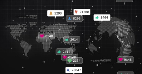 Showing stylized dotted world map infographic on dark tech dashboard, with social engagement badges