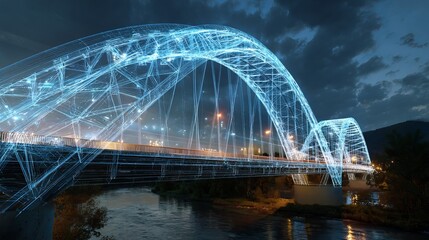 Obraz premium A stunning digital representation of a modern bridge illuminated at night, showcasing intricate blue wireframe details.