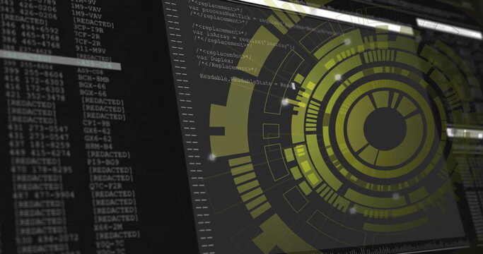 Displaying yellow-green circular HUD graphic rotating on desktop, with code window, copy space