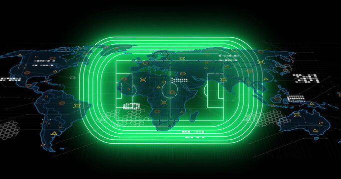 Displaying abstract world map and neon green soccer pitch overlay on dashboard, with data icons