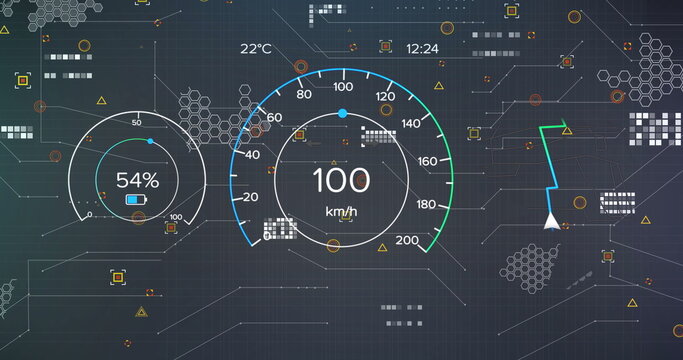 Displaying speedometer at 100 km or h on panel with metrics, navigation route, network patterns - Powered by Adobe