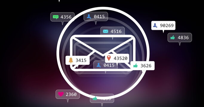 Displaying white envelope icon inside concentric circles on dark backdrop with notification badges
