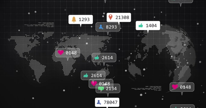 Showing stylized dotted world map infographic on dark tech dashboard, with social engagement badges