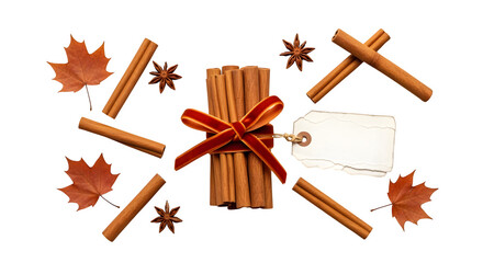 Bundle of cinnamon sticks tied with red ribbon and small gift tag, festive holiday spice decoration, isolated on white background