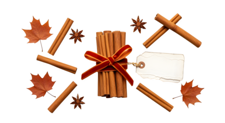 Bundle of cinnamon sticks tied with red ribbon and small gift tag, festive holiday spice decoration, isolated on white background