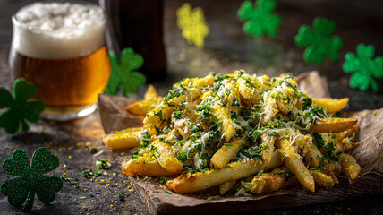 Loaded Irish fries topped with cheese and herbs served with beer and shamrock props
