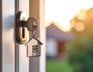 Key in door, house-shaped keychain, sunlit background (1)