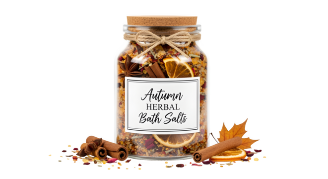 Glass jar labeled Autumn Herbal Bath Salts filled with dried flowers, herbs, and citrus slices, spa and wellness concept, isolated on white background