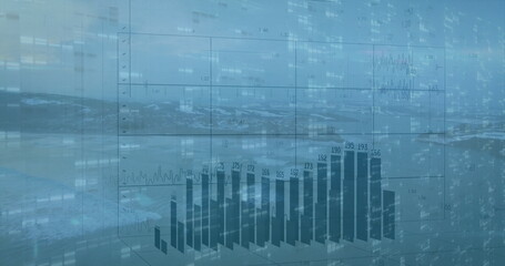 Projecting 3D bar chart floating over rocky shore, with grid lines and numeric code patterns