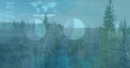 Walking teen male along paved road in dense forest, with yellow center line and digital overlays