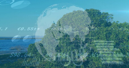 Floating wireframe globe displaying financial charts over waterfront shore lined with shrubs