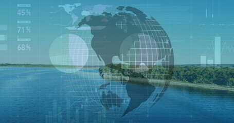 Displaying 3D wireframe globe hovering over lakeside water, with bar charts and percentages