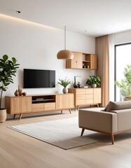 Modern living room with light wood furniture, a neutral color palette, and large windows