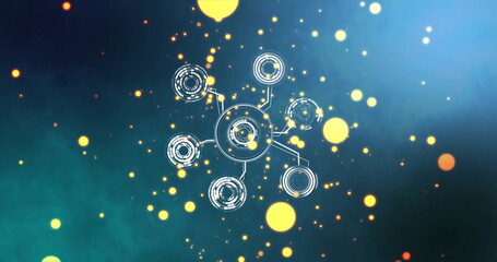 Displaying central hub linking six nodes in abstract network, with glowing yellow and orange orbs