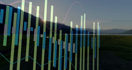 Displaying data visualization overlaying dusk lakeside valley, with pastel bar and line graphs