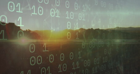 Glowing sun casting light on plain at sunset, with binary digits and network lines overlaying hills