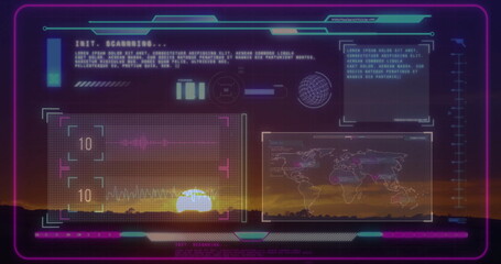 Obraz premium Scanning half-visible yellow sun on horizon at sunset with neon HUD crosshairs and progress bars
