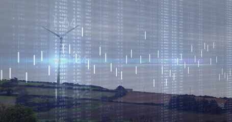 Showing wind turbine standing amid rolling farmland hills, under translucent financial data overlay