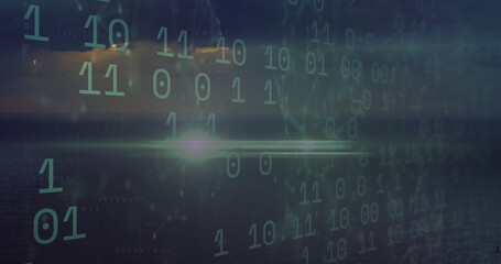 Obraz premium Floating green-tinted binary digits overlaying dusk seascape at open sea, with lens flare