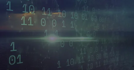 Fotobehang Zee & Oceaan Floating green-tinted binary digits overlaying dusk seascape at open sea, with lens flare  © vectorfusionart