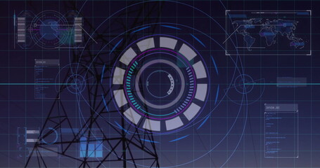 Holographic interface projecting in virtual console, with tower silhouette, globe, code panels, map