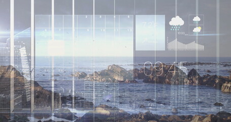 Showing dashboard with calendar grid, clock, weather icons, 72° temp over rocky shore, bar chart