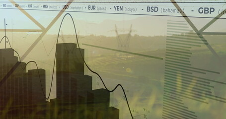 Displaying dark skyscraper shapes merging over rural fields with line graph and currency tickers