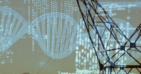 Displaying DNA helix rotating over 3D grid plane, streaming code and transmission tower silhouette