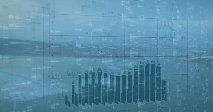 Projecting 3D bar chart floating over rocky shore, with grid lines and numeric code patterns - Powered by Adobe
