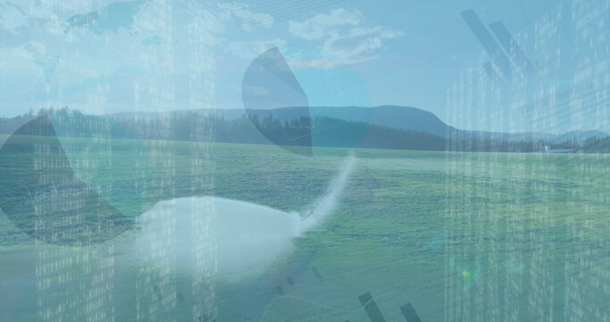 Showing white spinner and blade sitting on grass runway at airstrip, with digital code overlay - Powered by Adobe