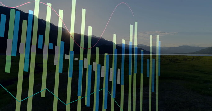 Displaying data visualization overlaying dusk lakeside valley, with pastel bar and line graphs