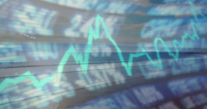 Overlaying green line graph on low tide shoreline with lapping waves, numeric data  and  ticker symb