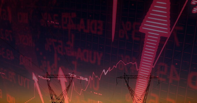 Silhouettes showing two steel lattice towers rising at dusk horizon, with red arrows and grid data