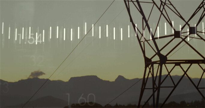 Showing transmission tower looming in hills at dawn, with power lines and data overlay, copy space