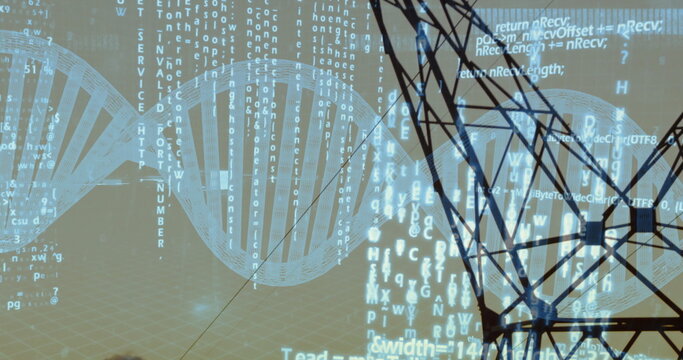 Displaying DNA helix rotating over 3D grid plane, streaming code and transmission tower silhouette - Powered by Adobe
