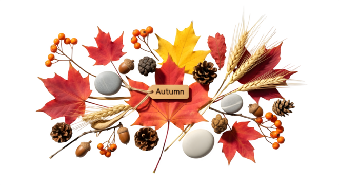 Flat lay of assorted autumn nuts, pinecones, leaves, and cinnamon sticks, fall harvest elements, isolated on white background