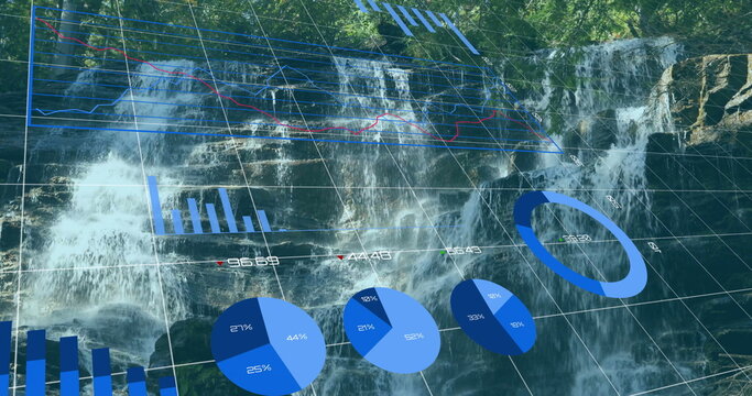 Fototapeta Tumbling waterfall cascading over rock ledges in forest, with green foliage, digital charts