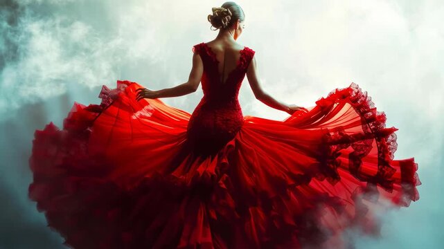 An elegantly dynamic Flamenco dancer exudes artistic grace and passion, with a swirling red dress
