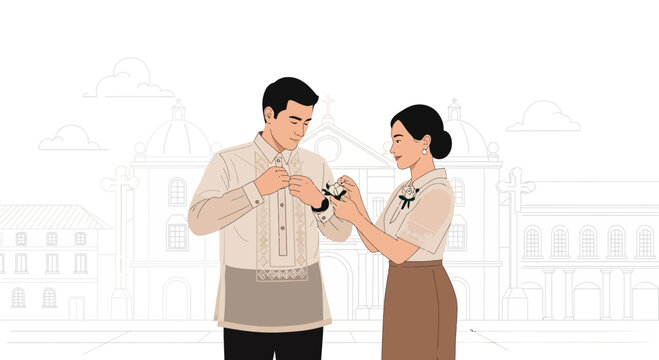 Filipino Couple Preparing for Wedding in Traditional Attire Illustration