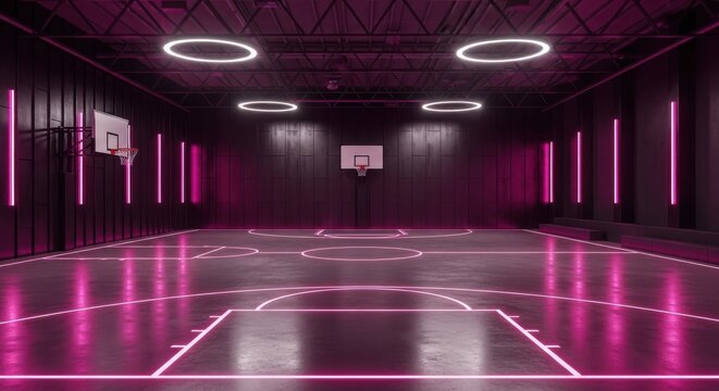 Futuristic Basketball Court with Neon Lights and Dark Walls a Modern Athletic Arena Concept for Sports and Recreation
