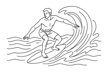line drawing of man surfing