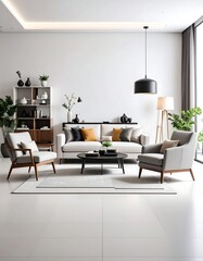 Modern living room with light-colored sofa, armchairs, and coffee table